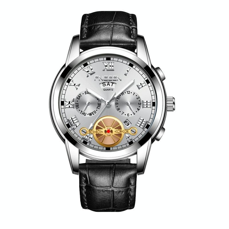 Men Multi-function Quartz Watch with Black Leather Strap and White Steel Case