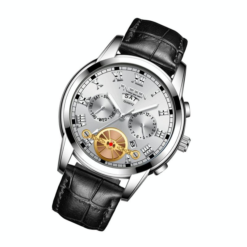 Men Multi-function Quartz Watch with Black Leather Strap and White Steel Case 3