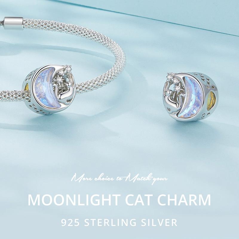 925 Sterling Silver Cat Moon Pendant For Diy Bracelets 7