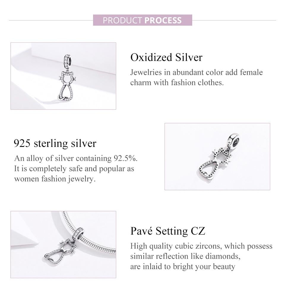 925 Sterling Silver Zircon Cat Pendant For Bracelet Diy Accessory 5