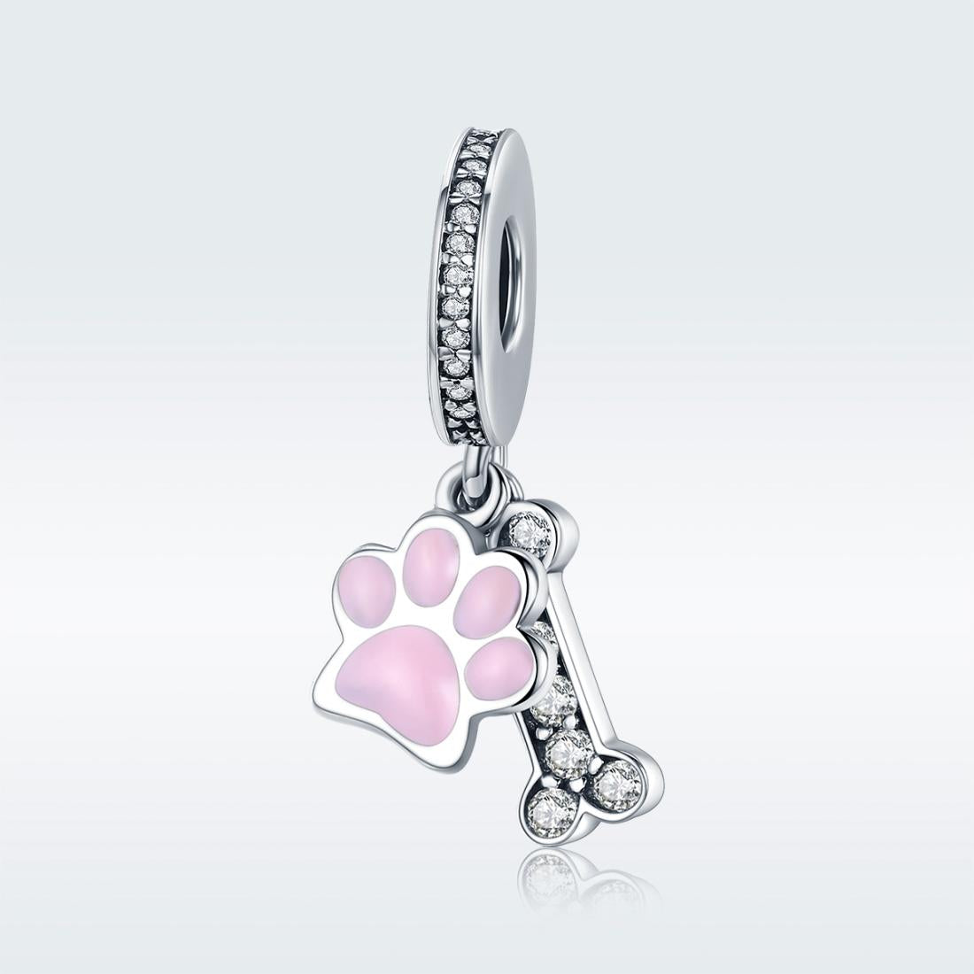 925 Sterling Silver Dog Footprint Diamond Bead Bracelet Charm 3
