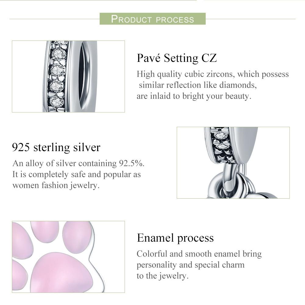 925 Sterling Silver Dog Footprint Diamond Bead Bracelet Charm 5