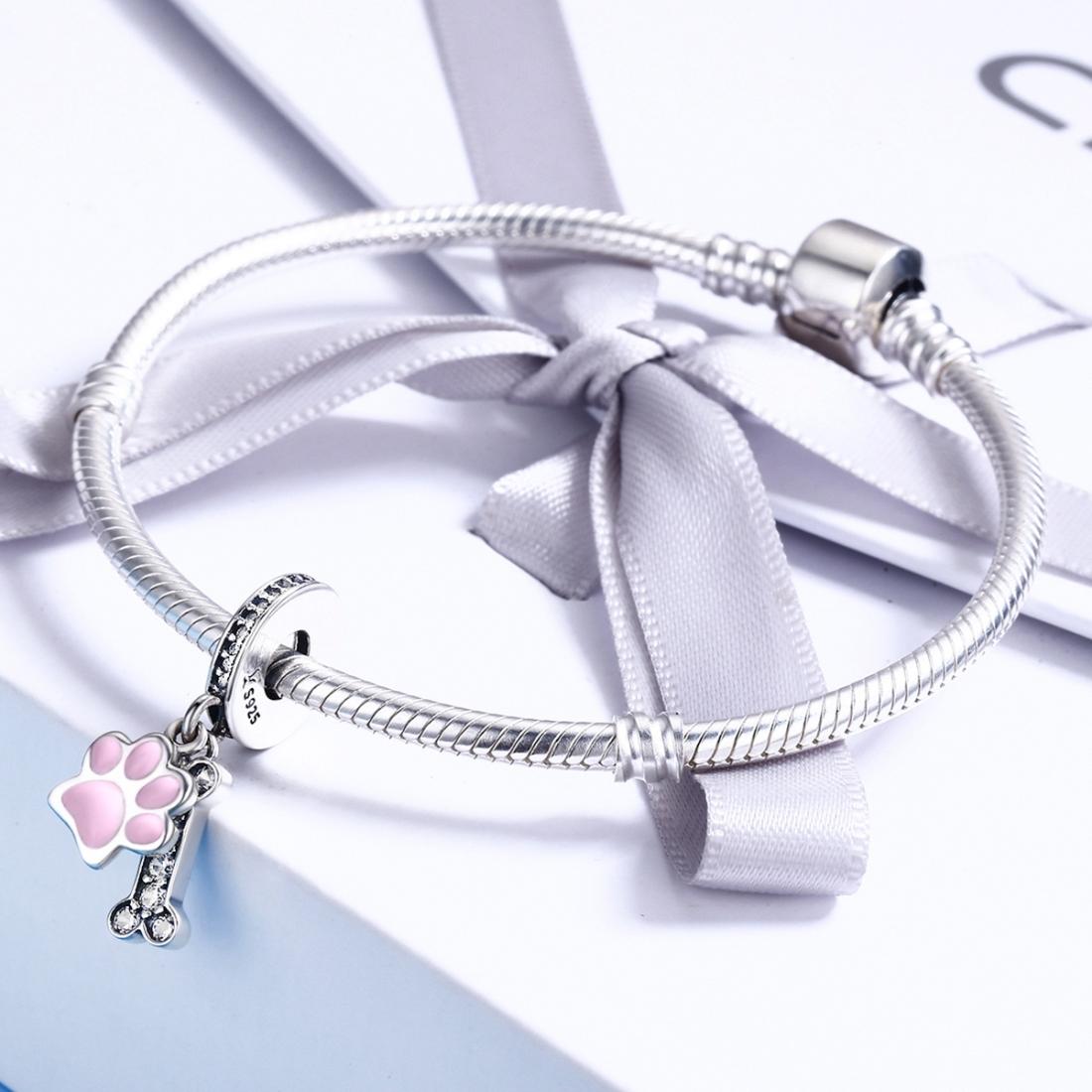 925 Sterling Silver Dog Footprint Diamond Bead Bracelet Charm 7