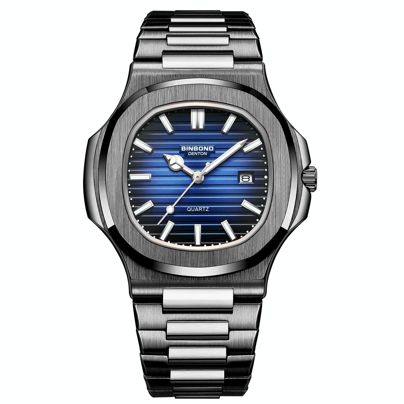 Retro Luminous Square Men Quartz Watch - 30m Waterproof - Black Steel-Blue-White