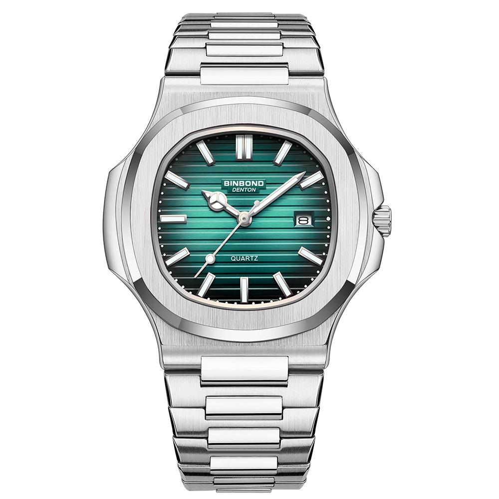Retro Luminous Square Men Quartz Watch - 30m Waterproof - Black Steel-Blue-White