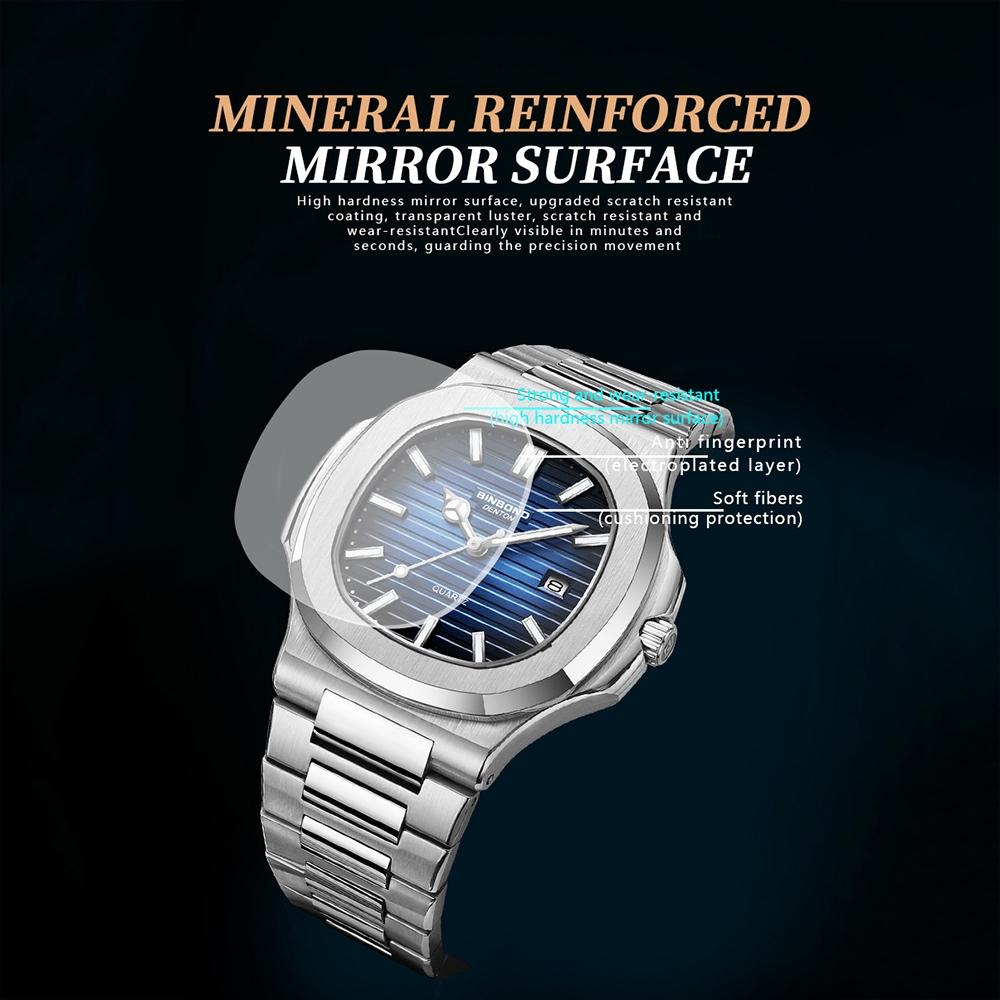 Retro Luminous Square Men Quartz Watch - 30m Waterproof - Black Steel-Blue-White 5
