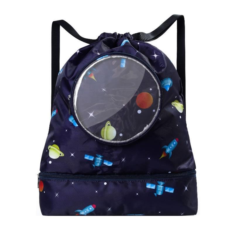 Blue Waterproof Drawstring Beach Bag L Size For Kids Wet & Dry Separation Shoulder Strap - Grey S