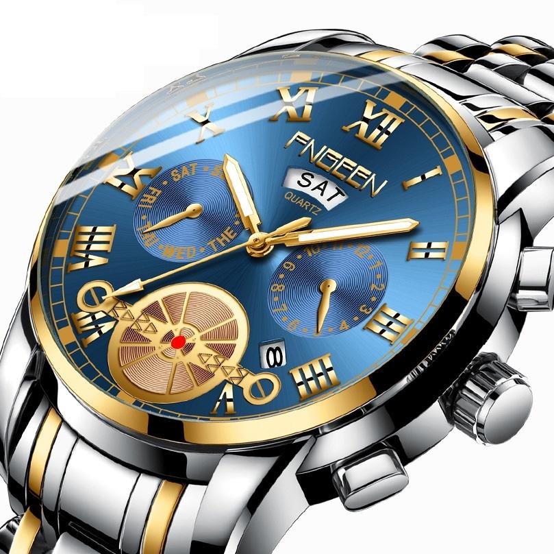 Gold Black Multi-function Men Quartz Watch with Gold Nails 4