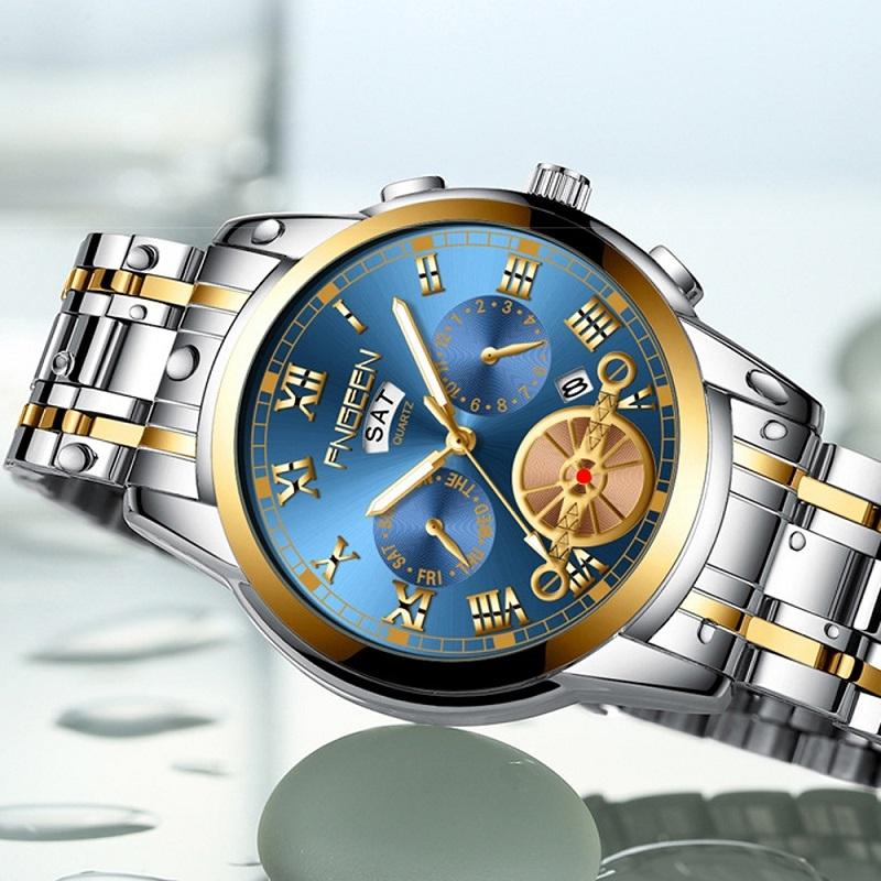 Gold Black Multi-function Men Quartz Watch with Gold Nails 6