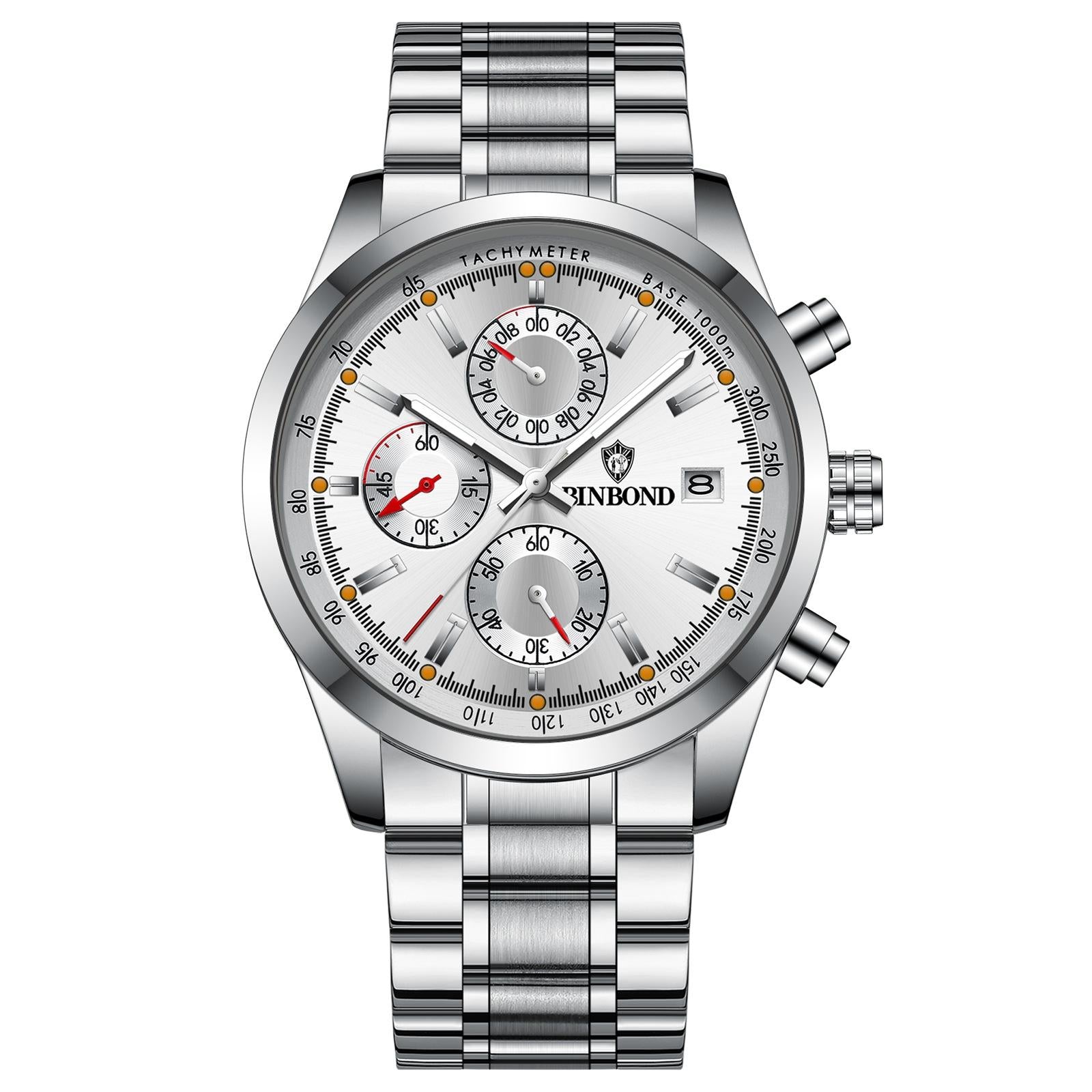 Waterproof Luminous Quartz Watch - Multifunctional 30m - White Steel-White