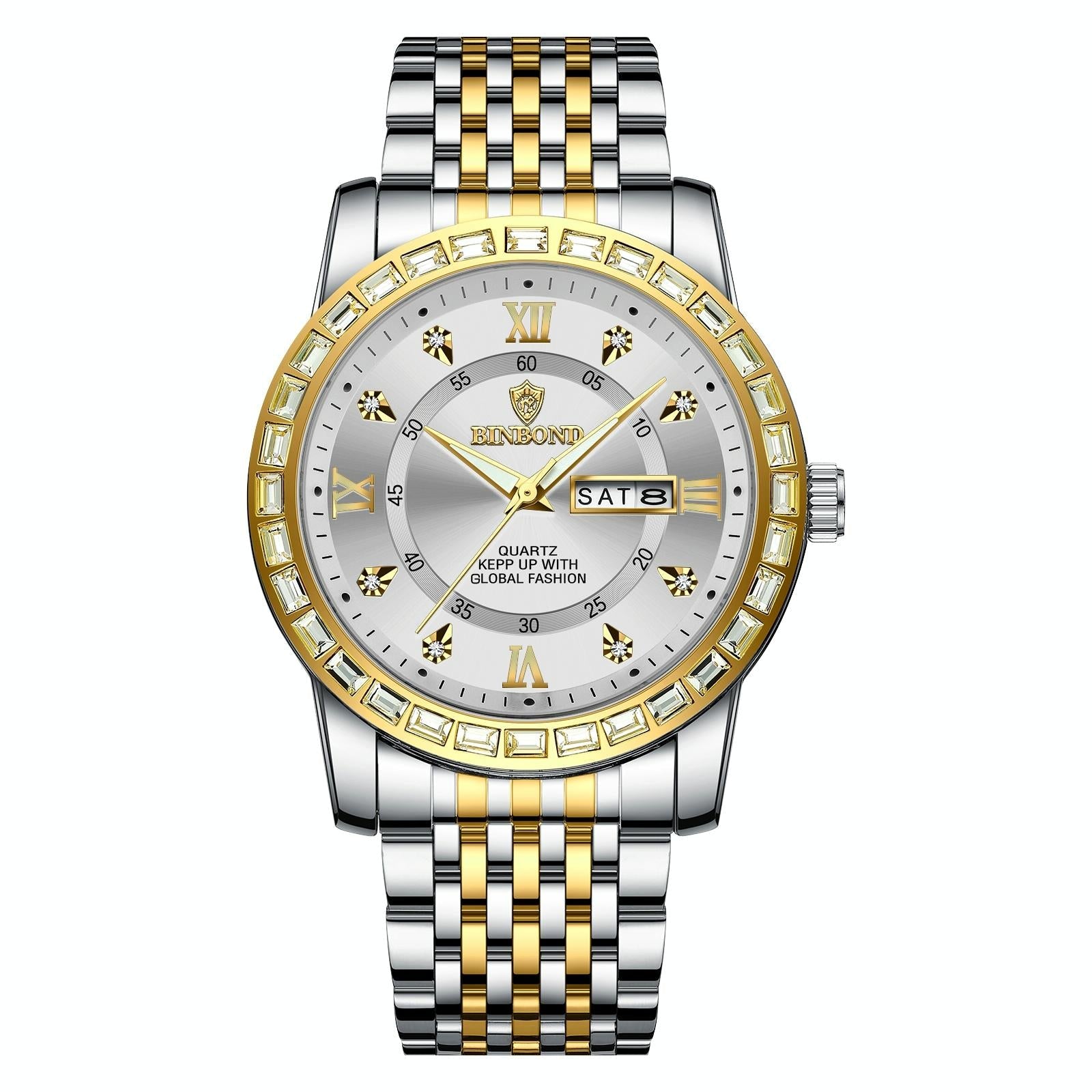 Diamond Dual-calendar Luminous Quartz Watch - B2202 - White Steel-White 13