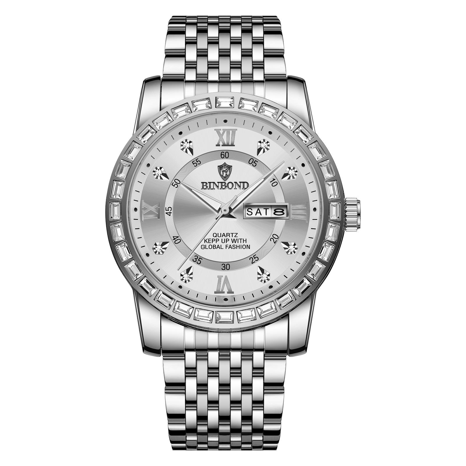 Diamond Dual-calendar Luminous Quartz Watch - B2202 - White Steel-White 15