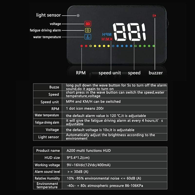 3.5 Inch Vehicle Head Up Display Car Speed Engine Revs Water Temp Voltage 10