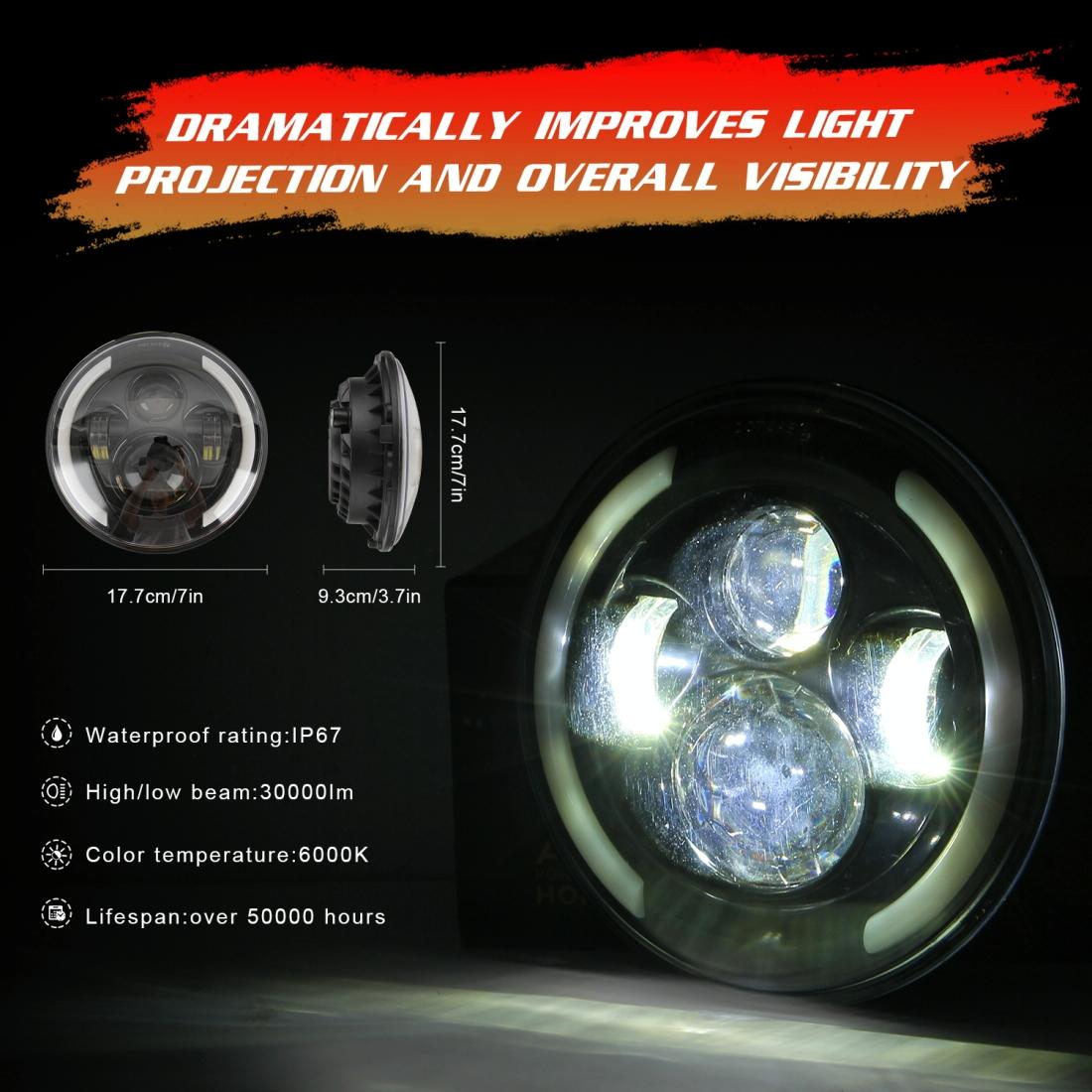 7 Inch H4 / H13 Dc 9V - 30V 3000Lm 3000K - 6000K 25W Car Round Shape Led Headlight Lamps For Jeep Wrangler With Angel Eye White Light 9