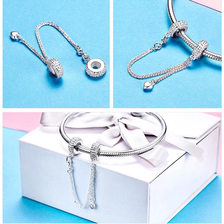 925 Sterling Silver Love Heart Safety Chain Charm For Bracelets 5