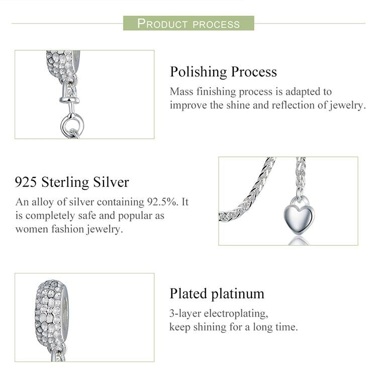 925 Sterling Silver Love Heart Safety Chain Charm For Bracelets 7