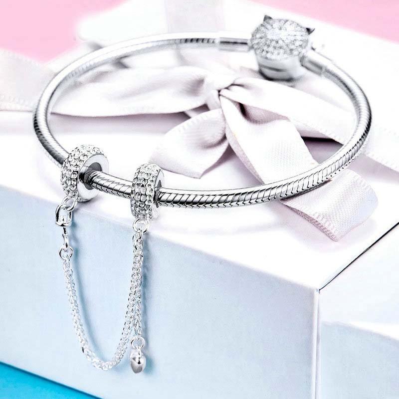 925 Sterling Silver Love Heart Safety Chain Charm For Bracelets 8
