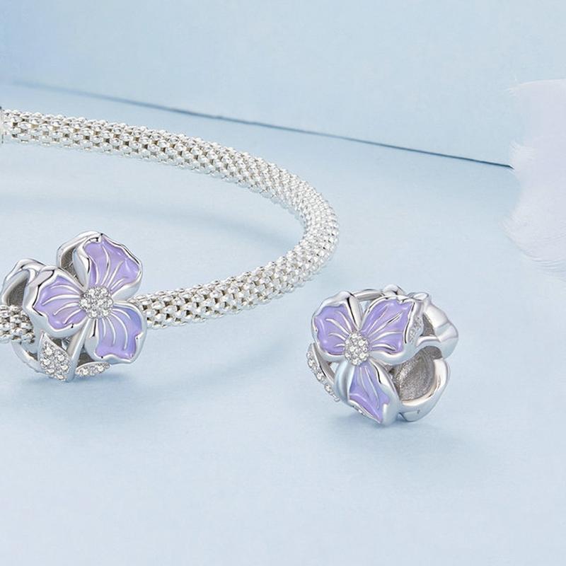925 Sterling Silver Purple Flower Beads For Diy Bracelets 5