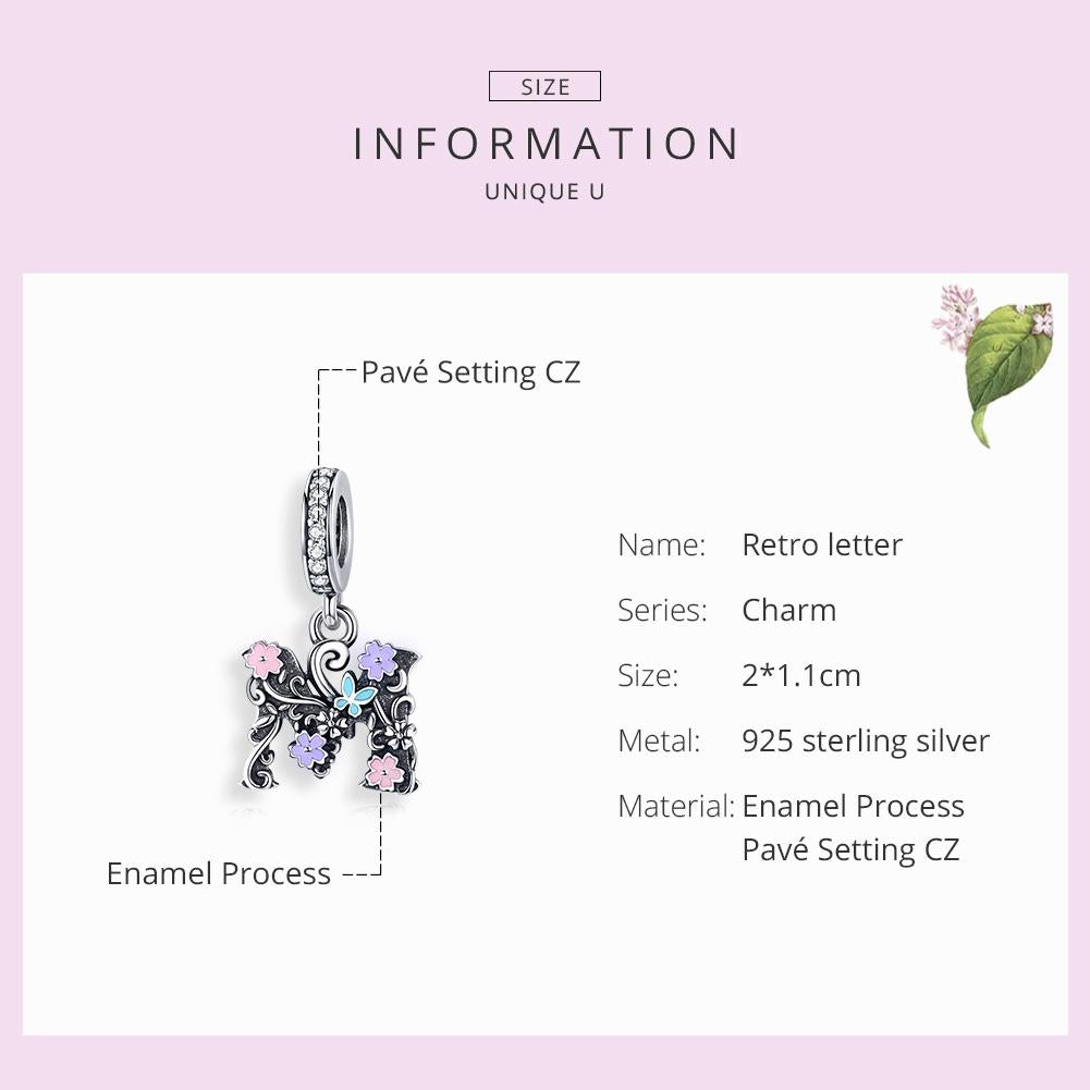 925 Sterling Silver Letter M Pendant For Diy Bracelets & Necklaces 6