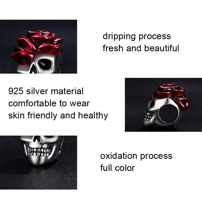 925 Sterling Silver Halloween Skull Bracelet With Rose And Pearl 3