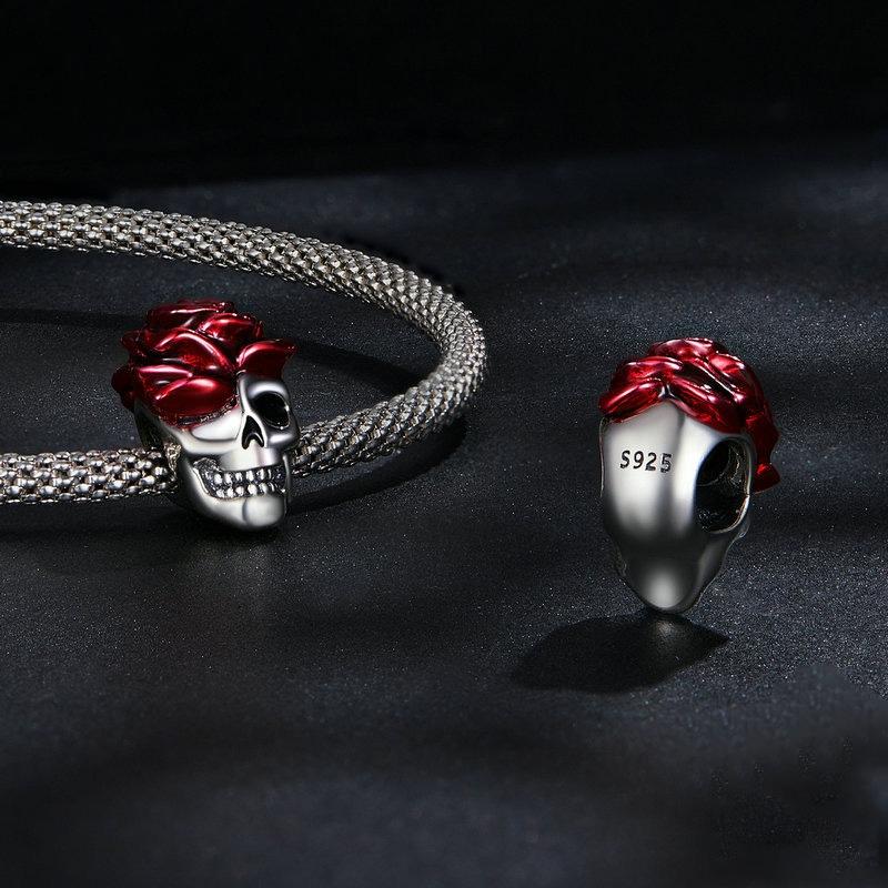 925 Sterling Silver Halloween Skull Bracelet With Rose And Pearl 5