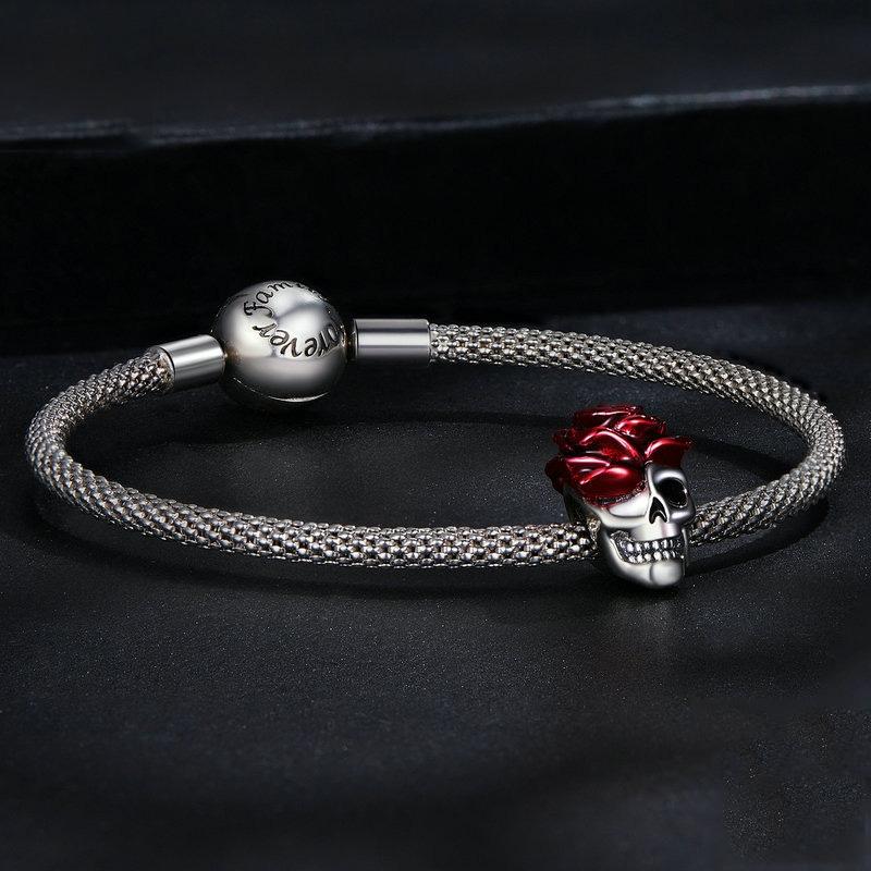 925 Sterling Silver Halloween Skull Bracelet With Rose And Pearl 6