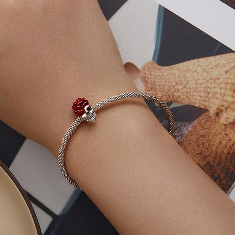 925 Sterling Silver Halloween Skull Bracelet With Rose And Pearl 7