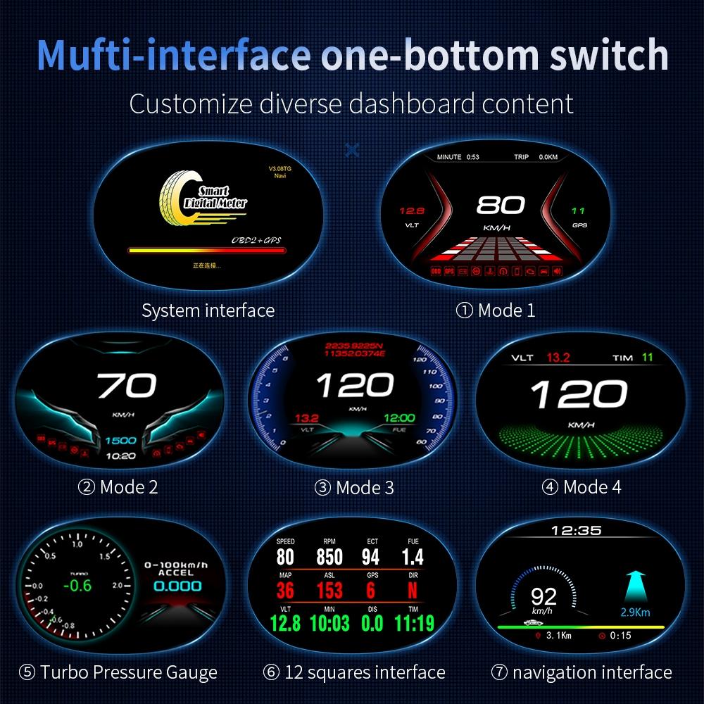 Car Hud Display Overspeed Temp Engine Alarm P20 Obd2 + Gps 15