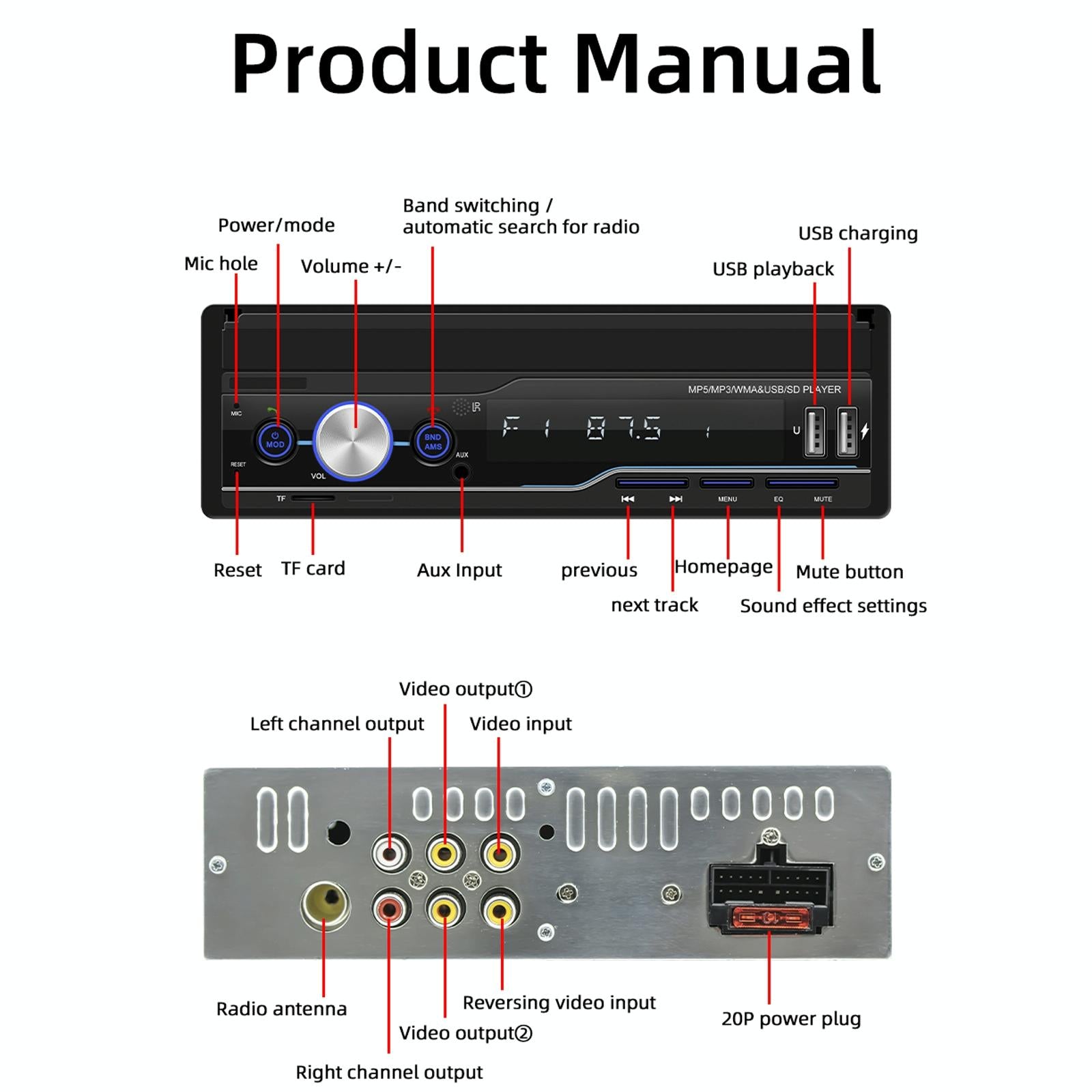 7 Inch Manually Retractable Car Mp5 Player With Mirror Link Fm Tf Card Usb Bluetooth Hands-Free Calling Reversing Trajectory & Cayplay 8