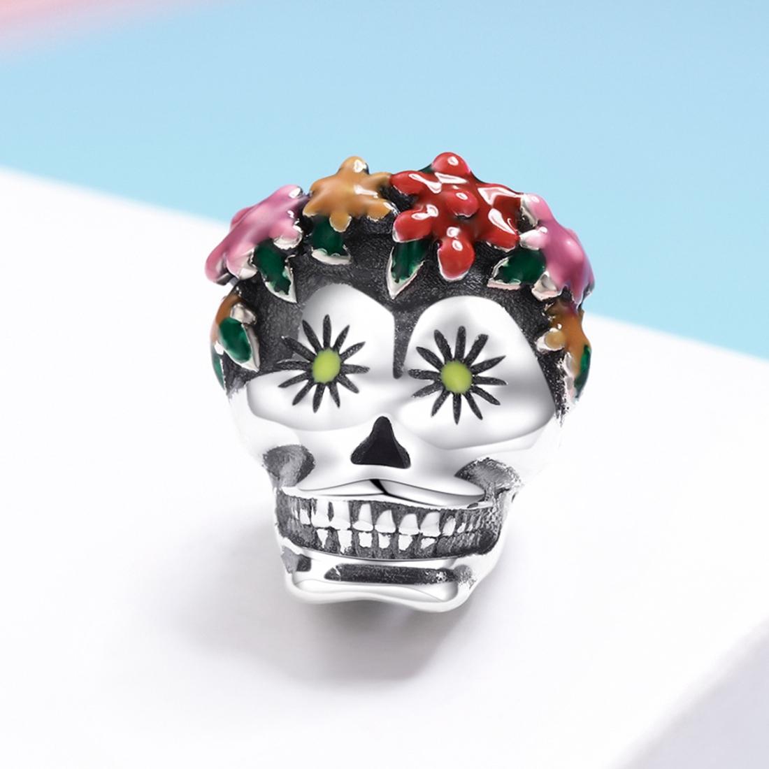 925 Sterling Silver Colorful Enamel Flower Skull Charms Bracelet 3