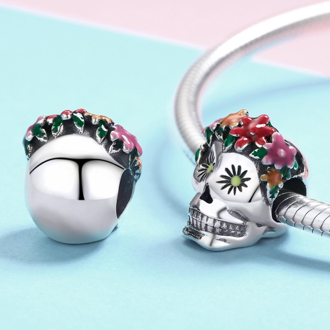 925 Sterling Silver Colorful Enamel Flower Skull Charms Bracelet 6