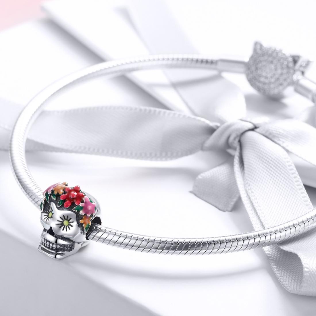 925 Sterling Silver Colorful Enamel Flower Skull Charms Bracelet 7