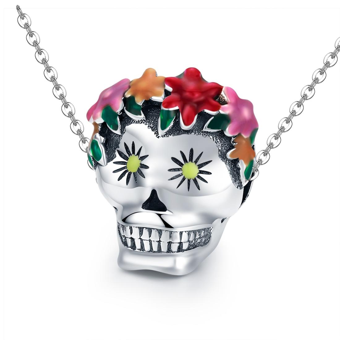 925 Sterling Silver Colorful Enamel Flower Skull Charms Bracelet 8