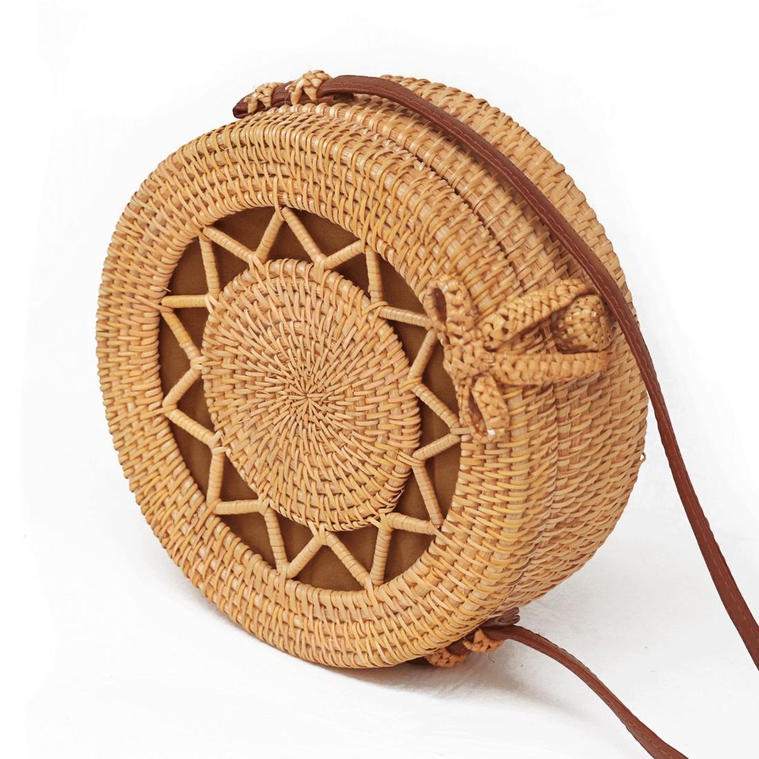 Handmade Rattan Bag Flower Pattern Autumn Design Vintage Art Beach Diagonal Bag 20X20X8Cm 4