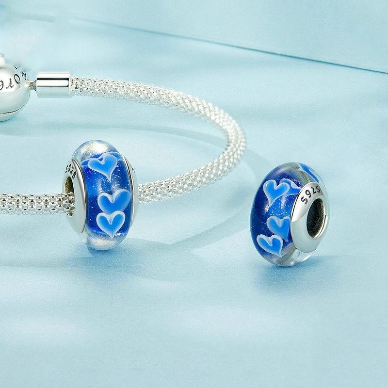 925 Sterling Silver Blue Glass Heart Beads 4