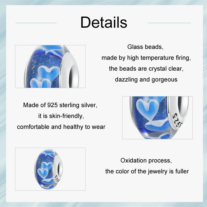 925 Sterling Silver Blue Glass Heart Beads 5