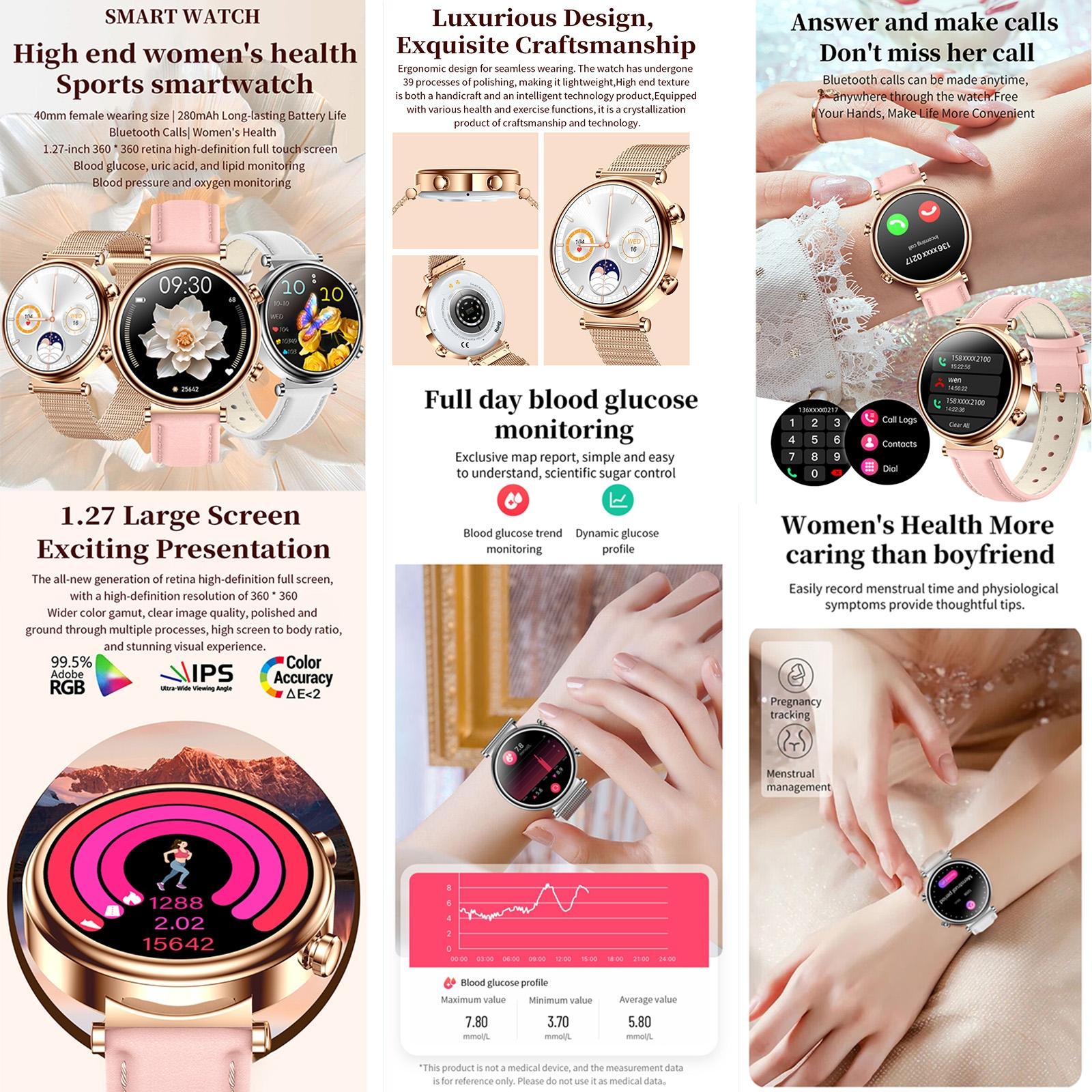 Women Smart Watch With Bt Call Health Tracking And Sos - Compact And Stylish - Rose Gold Pink Leather 6