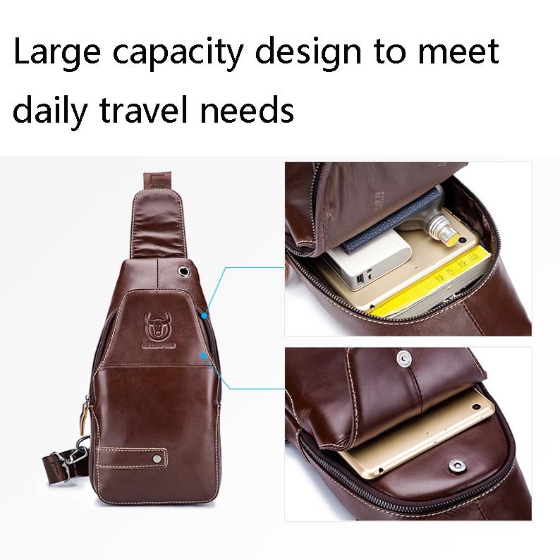 Men Leather Sports Chest Bag First Layer Cowhide - Black 5