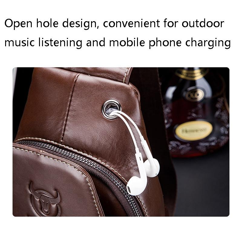 Men Leather Sports Chest Bag First Layer Cowhide - Black 7