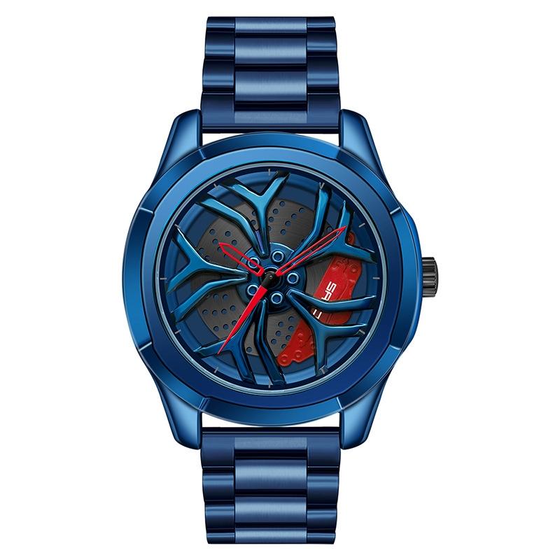 Men Casual Steel Band Quartz Watch - P1065 Wheel Series - Blue Red