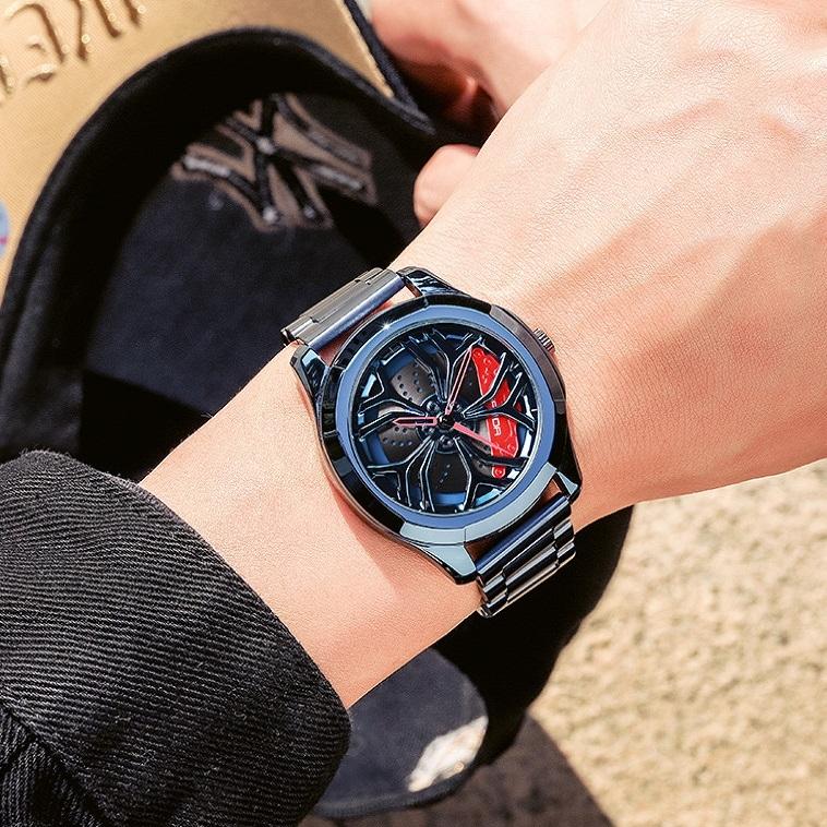 Men Casual Steel Band Quartz Watch - P1065 Wheel Series - Blue Red 10