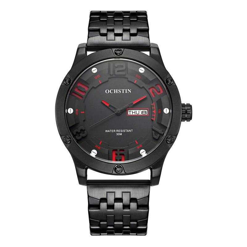 Stylish Day-date Men Quartz Watch with Steel Strap - Black Red