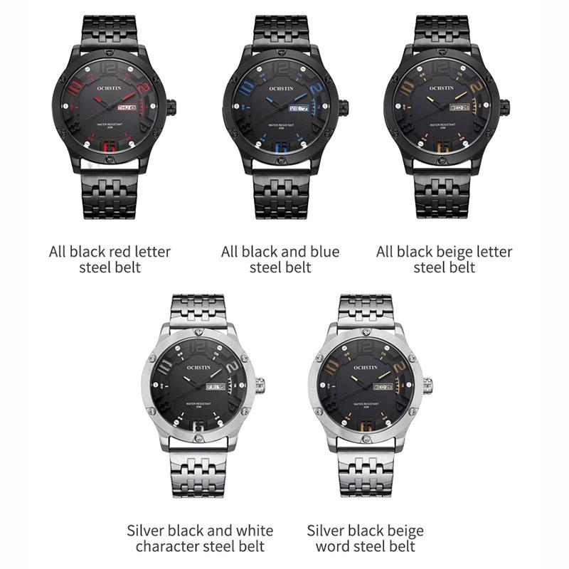Stylish Day-date Men Quartz Watch with Steel Strap - Black Red 3