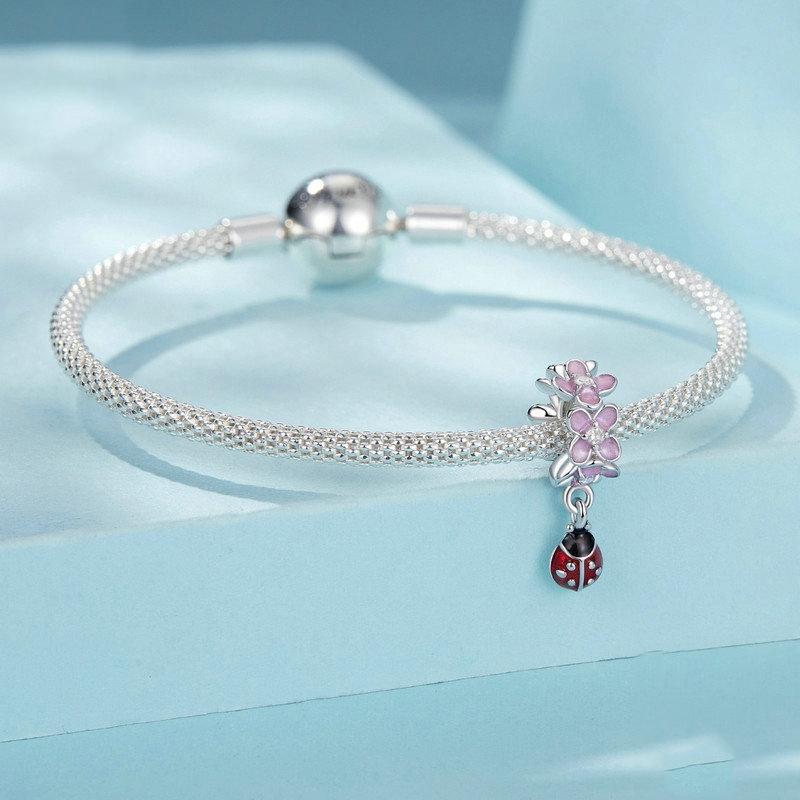 925 Sterling Silver Flower Ladybug Diy Beads Platinum Plated 3