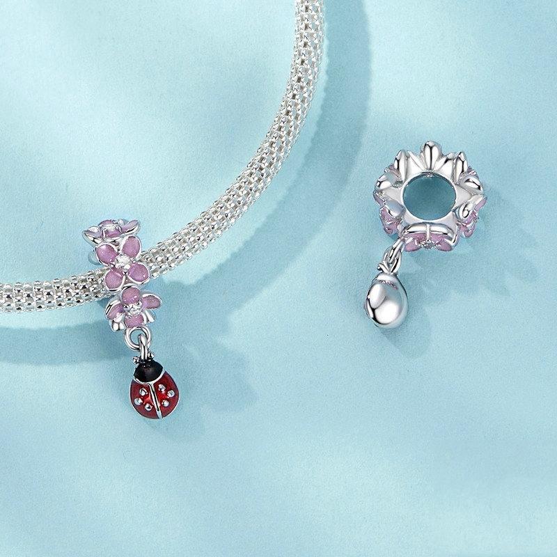 925 Sterling Silver Flower Ladybug Diy Beads Platinum Plated 4