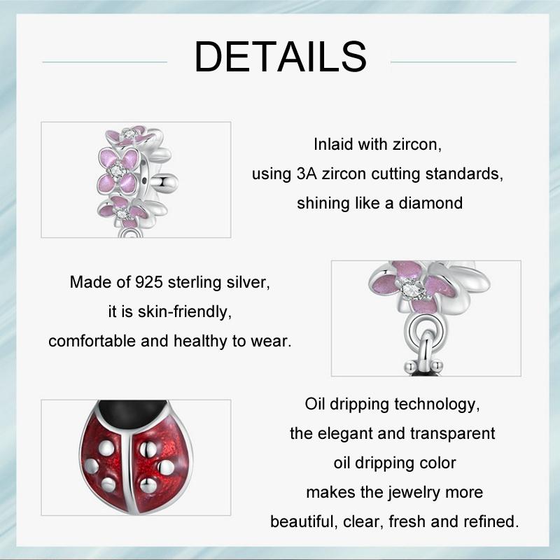 925 Sterling Silver Flower Ladybug Diy Beads Platinum Plated 6