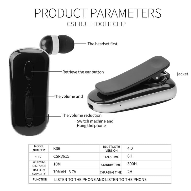 Wireless Bluetooth Earphone with Vibration Reminder and Clip - Black 12
