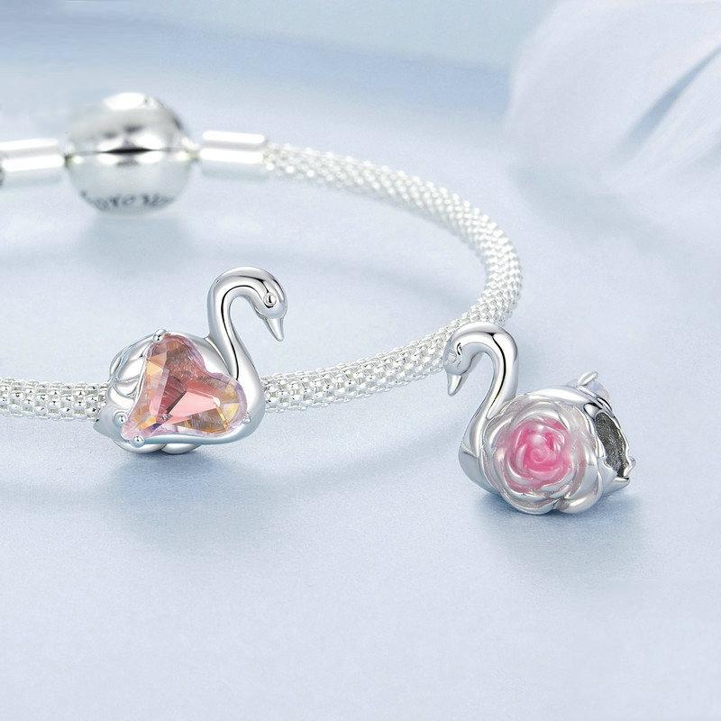 925 Sterling Silver Platinum Plated Pink Swan Rose Diy Beads 6