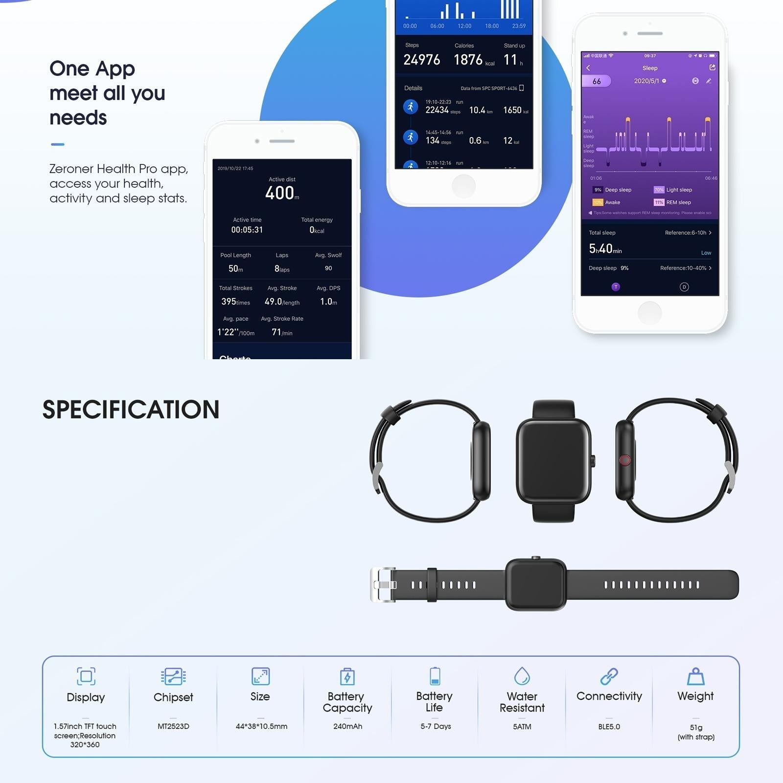 1.57 Inch Tft Touch Screen 5Atm Waterproof Smart Watch Support Sleep Monitoring / Heart Rate Monitoring / Sport Mode / Incoming Call & Information Reminder Black 9