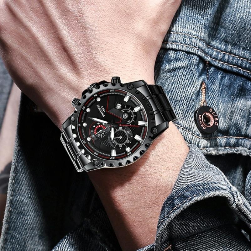 Stainless Steel Waterproof Men Sports Watch - Black Steel Black Surface 6